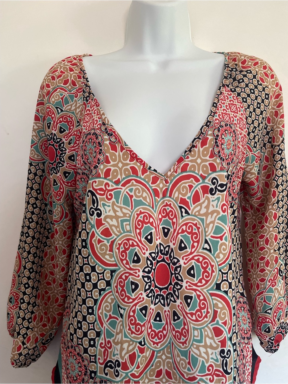 HeartSoul V-Neck Medallion Tunic in Coral, Teal & Tan